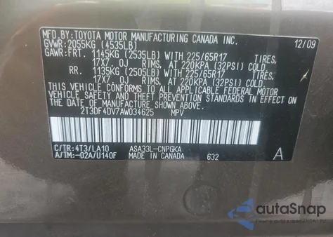 2010 Toyota Rav4 Limited from USA, damaged, VIN 2T3DF4DV7AW034625